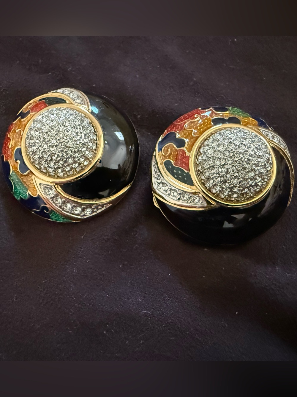 Vintage Guy Laroche Black Enamel Multicolor Crystal Dome Clip-On Earrings